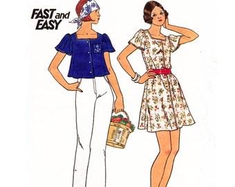 1974 Fast & Easy, Square Neck Tent Dress, Flutter Sleeves, Front Button, MuuMuu, Artist Smock, Crop Top, Butterick 3630-Bust 33.5"-34" Uncut