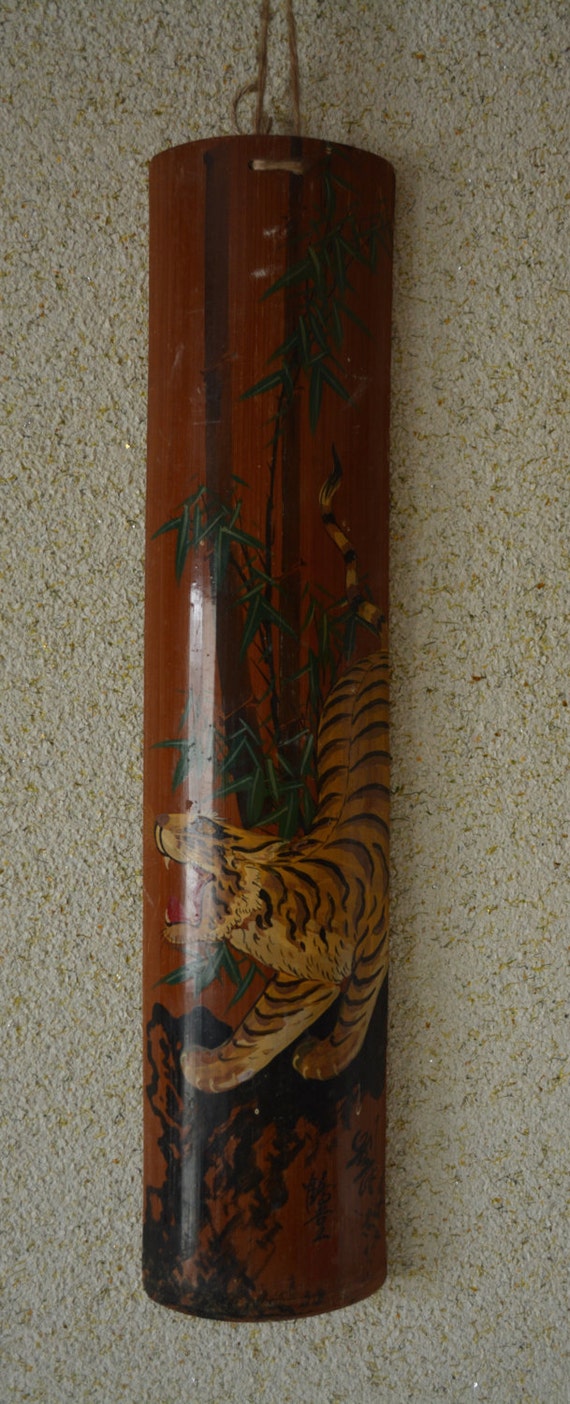 Hand painted bamboo wall hanging Japanese art signed
