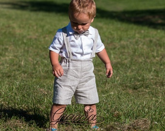 Baby boy baptism suit Ring bearer outfit Boy shorts with suspenders First birthday linen suit Baby boy wedding formal wear Boy light outfit