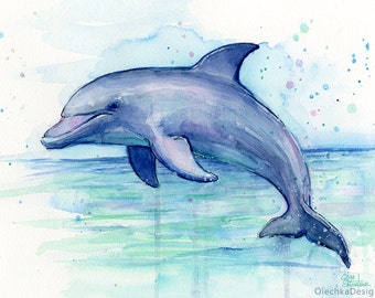Dolphin Watercolor Art Print, Dolphin Painting, Dolphin Print, Sea Creatures, Nursery Print, Whimsical Animal, Dolphin Decor, Marine Life
