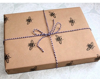 Bumble bee wrapping paper | Gift wrap | Insect prints | Brown paper | Birthdays | Handmade | Lino print | Honey bee |