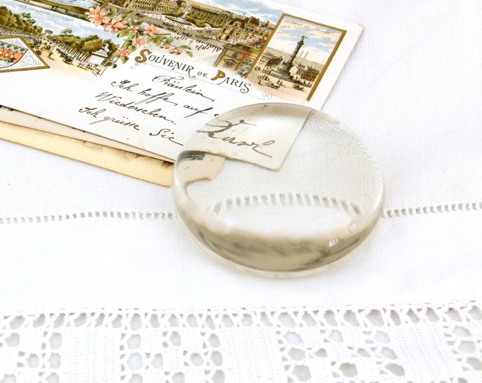 Antique French Round Clear Glass Paperweight, French Vintage Decor, Retro Home Interior, Chateau Shabby Chic,French Brocante, Office Bureau