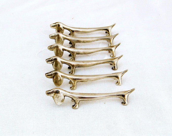 Vintage Set of 6 French Metal Dog Dachshund Shaped Silver Plated Knife Rests, Dinnerware, Retro Home Interior, Shabby, Cutlery, Sausage