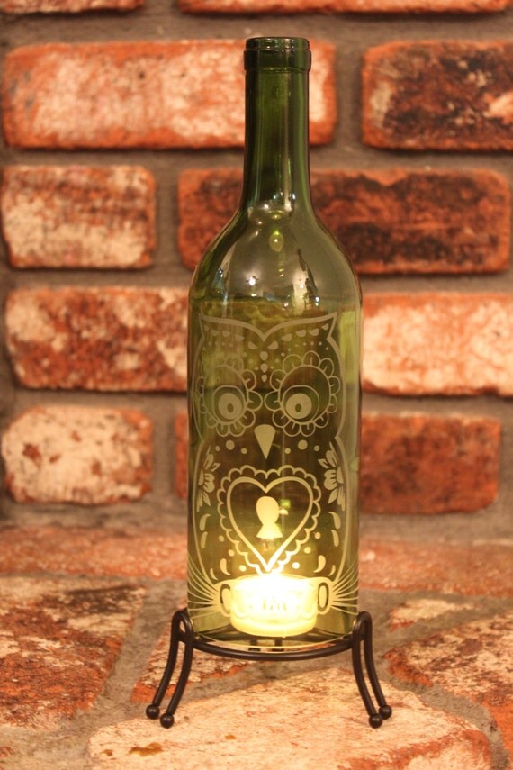 Heart Owl Wine Bottle Lantern Kit Stand & Candle Included
