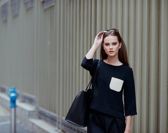 Black Top / Minimalist Blouse / Black Minimalist Shirt / Office Top / Cocktail Blouse / Black Crop Top / Women’s Blouses