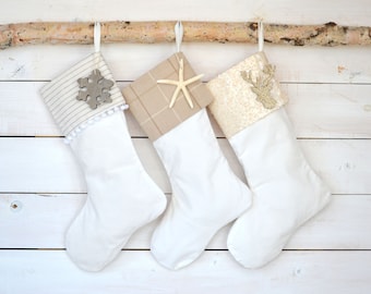 Christmas Stockings Set of 3 - Velvet Stockings, Personalized Stockings, Monogrammed Stockings, Ivory Tan Stockings