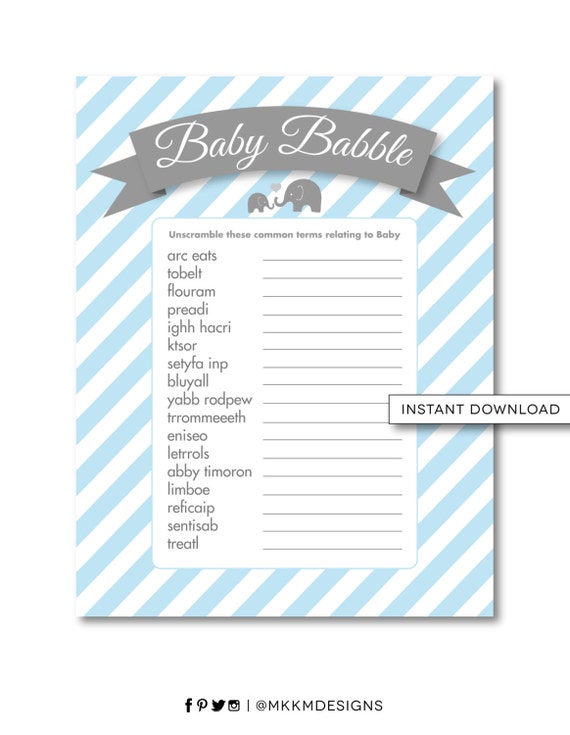Elephant Word Scramble Baby Babble Game Elephant Baby Shower