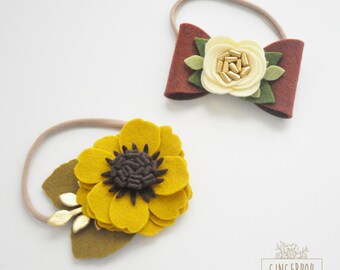 Fall Headband Set - Choose One or Both Headbands - Mustard Fall Posy & Fall Rose Bow Headband - Newborn, Baby, Toddler Felt Flower Headband