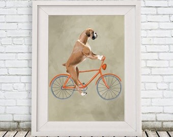Woodland Boxer Print, Boxer Illustration Art Poster Acrylic Painting Kids Decor Drawing Gift, Dog on bicycle, bicycle print, boxer dog