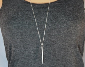 Long silver bar necklace, Skinny bar layering necklace, Skinny bar necklace, Long silver pendant necklace, Long vertical bar necklace