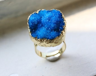 Raw crystal ring, Blue Druzy Agate Ring adjustable, Raw quartz ring, Gemstone ring, Statement ring, Forefinger ring, Druzy ring Crystal ring