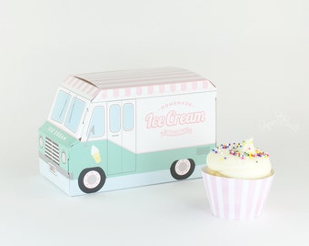 Ice Cream Party Favor Box, Ice Cream Truck Cupcake Box - Set of 4, Bakery Box Packaging, Birthday, Ice Cream Social Sweet Shoppe Centerpiece