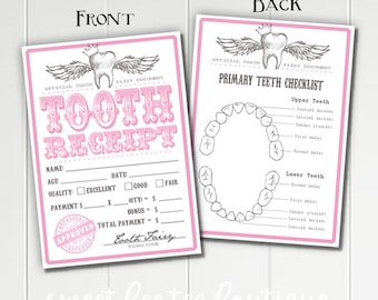 Girls Tooth Fairy Receipts Pink - Printable - Digital File - Baby Kids Children - Teeth Dentist - Momento