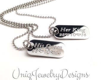 Personalized Couples Mini Dog Tag + Her King His Queen + Couples Gift Set + Anniversary Gift + Couples jewelry Set