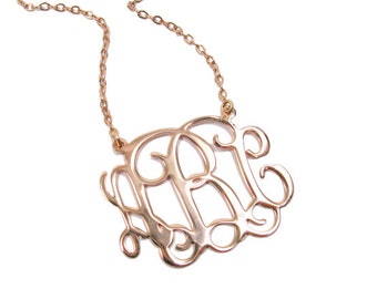 Rose gold Monogram Necklace 1.25" Brass Plated with gold. Pink monogram. Gold initial necklace. Rose necklace. Personalized jewelry.