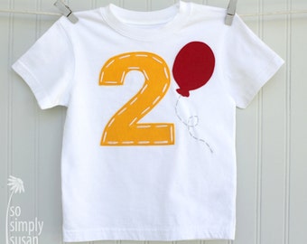 Pooh birthday, 2 birthday shirt, boys number shirt, red balloon T, boy's 2 shirt, boys 2nd birthday, white 2 tshirt, hand stitched, yellow 2