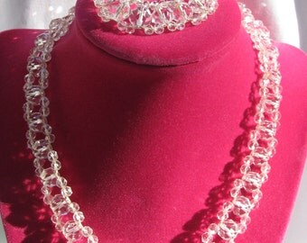 Stunning Cut Crystal Threaded Demi Parure, Necklace and Matching Bracelet, White Gold Filled Clasps, Bridal