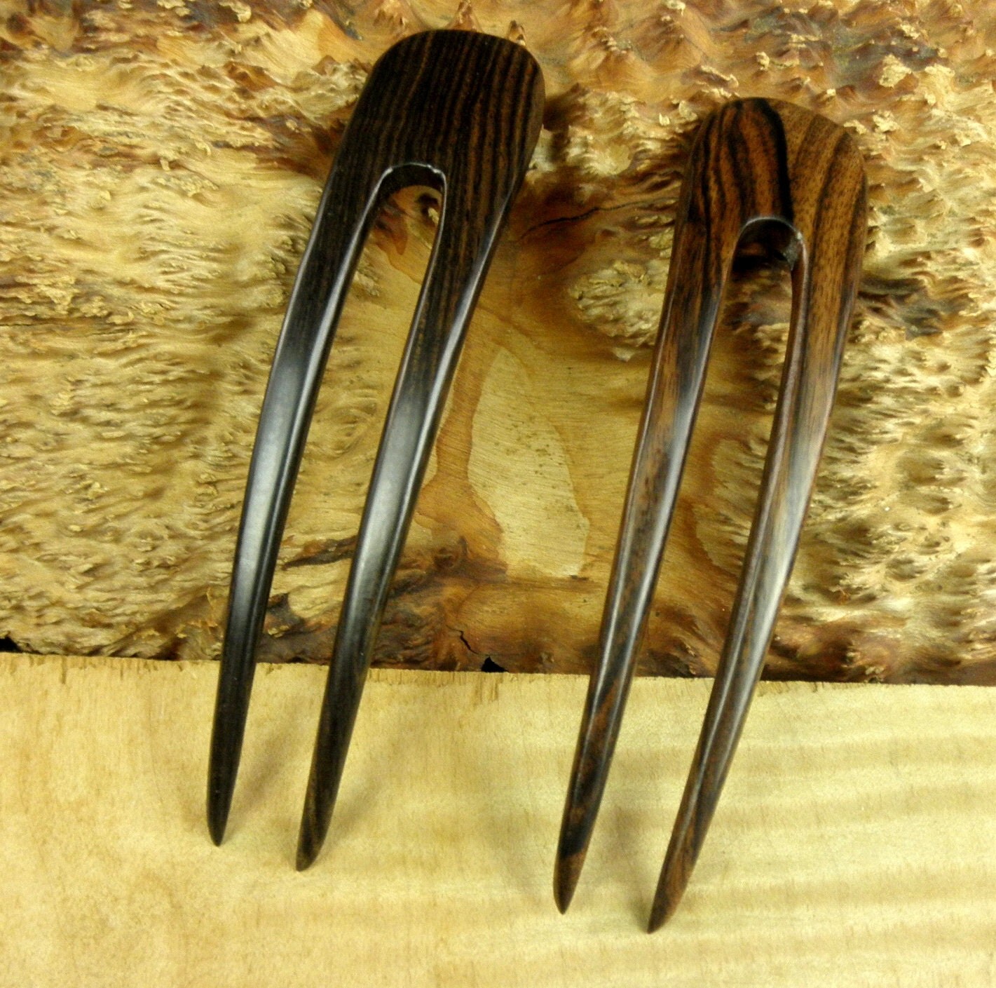 TWO Striped Ebony 5 Inch Two Prong Curved Hair Fork FPL 4 Inch Pick Pin