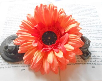 Orange Flower Hair Clip - Orange Flower Hair Barrette - Steam Punk Hair Clip - Flower Brooch - Hair Barrette - Watch Face -Summer Fashion