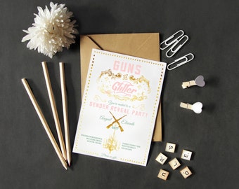 Guns or Glitter Gender Reveal Party Invitation - Pink and Gold Reveal Invites - Printed or Printable Cards