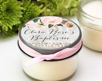 Baptism Favor Candles - Rose Label Design - Christening Favors | Personalized Baptism Favors | Soy Candle Favors | Set of 12 - 4 oz