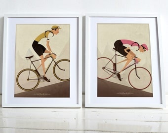 Two Vintage Style Cyclist Bike Bicycle race Poster Wall Art Print Set Home Décor