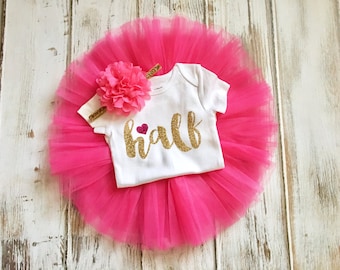 Half Birthday Outfit Girl- Hot Pink and Gold Half Birthday Outfit- Hot Pink Gold Half Birthday Outfit- Hot Pink and Gold Half Birthday Tutu