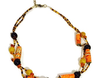 African Beaded Necklace- Seed Beads, Paper Beads, Yellow, Orange, Brown Beads- 18 inches with a 1 inch extender
