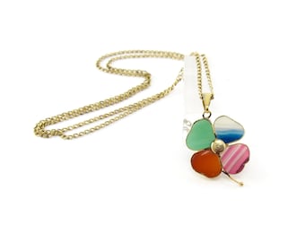 Vintage Four Leaf Clover Necklace, Banded Agate, Multi Color, Gold Tone