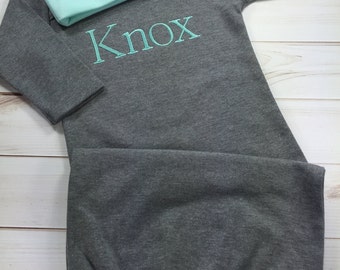 Baby Boy Coming Home Outfit, Personalized Infant Baby Gown and Hat, Monogrammed Baby Boy, Baby Shower Gift, Newborn Pictures, Gray and Mint