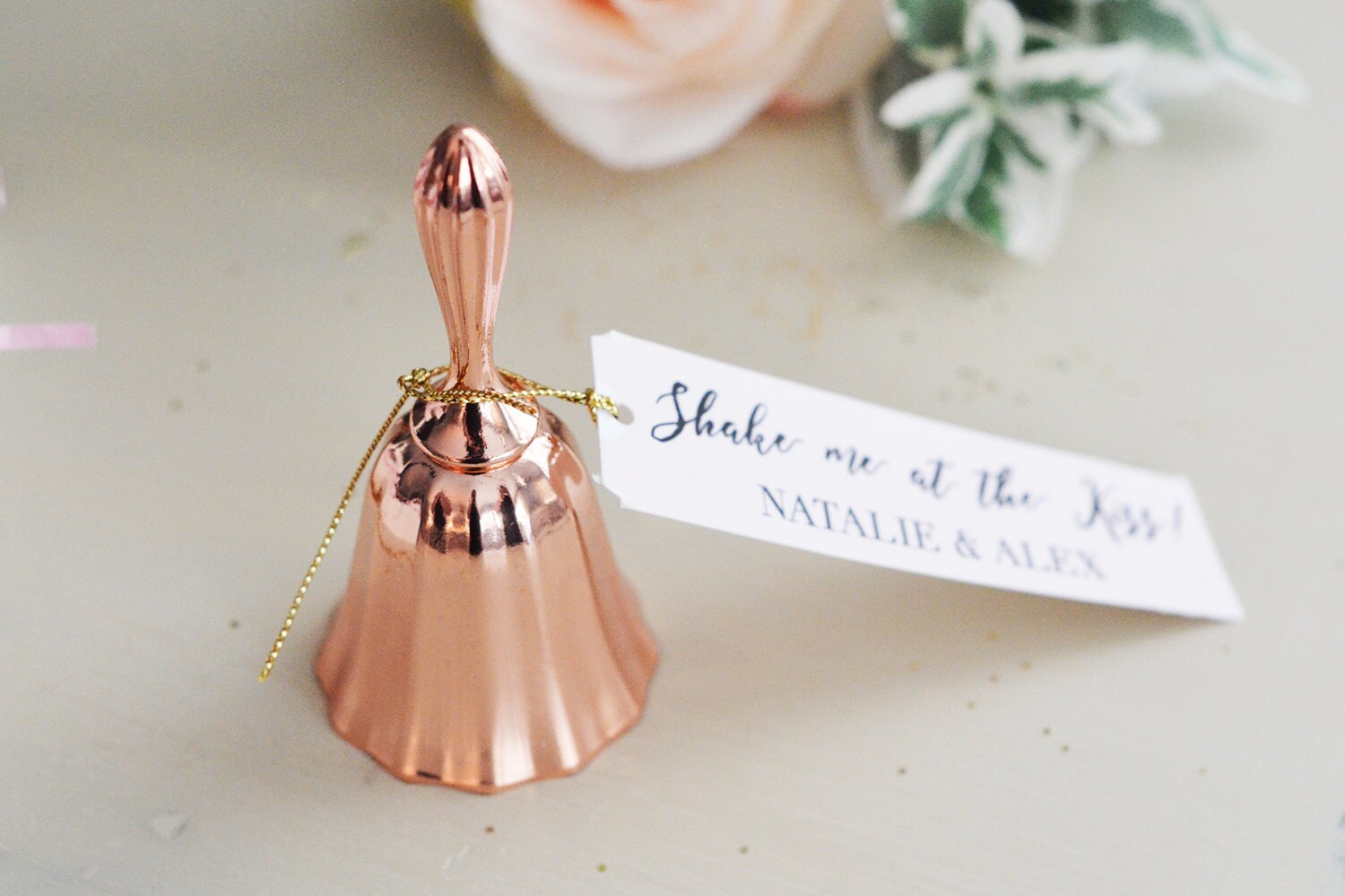 Wedding Bells Kissing Bell Rose Gold with Personalized Tag