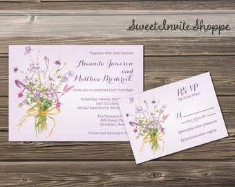 Wild Flowers Wedding Invitation Set, Purple Floral Wedding Invitation And RSVP Card, Whimsical Bouquet Flowers Wedding Invitation Suite, DIY