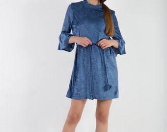 Velvet dress, crushed velvet dress, ruffled sleeves dress, oversized tee, loose cut dress, blue velvet