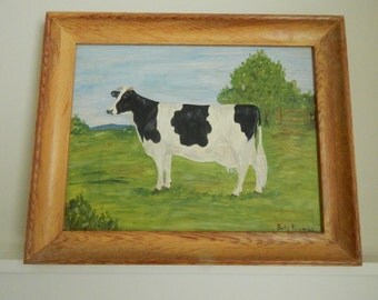 Folk Art Original Oil Cow Painting - Mid Century Country Cow Painting - Original Painting by Betty Krambs - 1960s Folk Art Cow Oil Painting