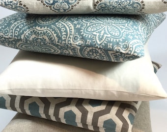 Decorative Pillow Covers, Blue, Tan , Brown, Beige, White, Cream, Floral, Euro, Throw, Accent, Pillow, Pillows, Pillowcases