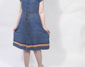 Vintage cotton dress Blue square print Striped Matching belt Short sleeve Flared skirt Knee length dress Size Small