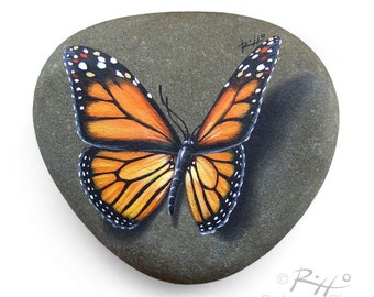 Original Hand Painted Monarch Butterfly Resting on A Rock | Unique Painted Rock by Roberto Rizzo