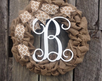 burlap wreath monogram door wreath initial wreath, burlap monogram wreath, letter door hanger, wedding gift