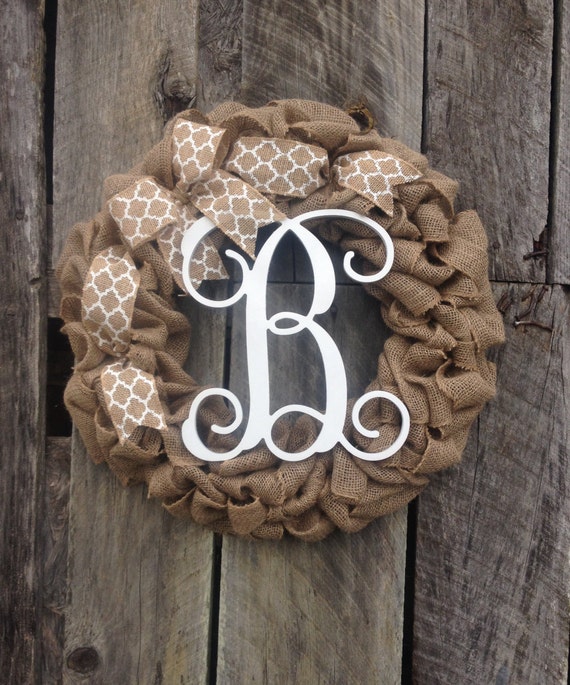 burlap wreath monogram door wreath initial wreath, burlap monogram wreath, letter door hanger, wedding gift