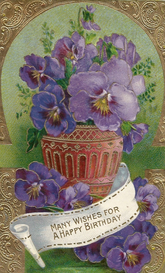 vintage floral purple flowers violets birthday card postcard
