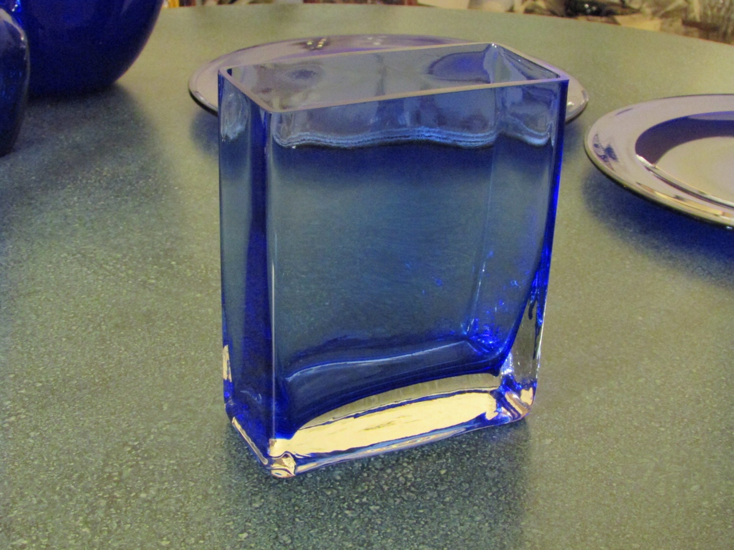 Vintage Cobalt Blue Hand Blown Glass Square Vase