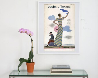modes et travaux archival print, vintage french fashion print, archival cover art print, cover art print, wall art photograph, fashion print