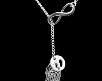 Infinity Angel Wing Baby Footprints Necklace, Feet Child In Heaven Miscarriage Necklace, Sympathy Gift Y Lariat Necklace
