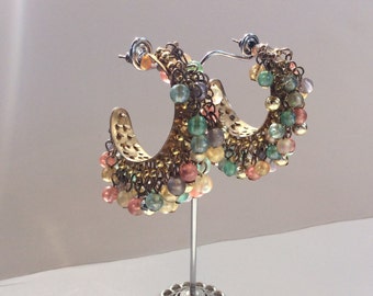 Dangling beaded hoop flat earrings handmade