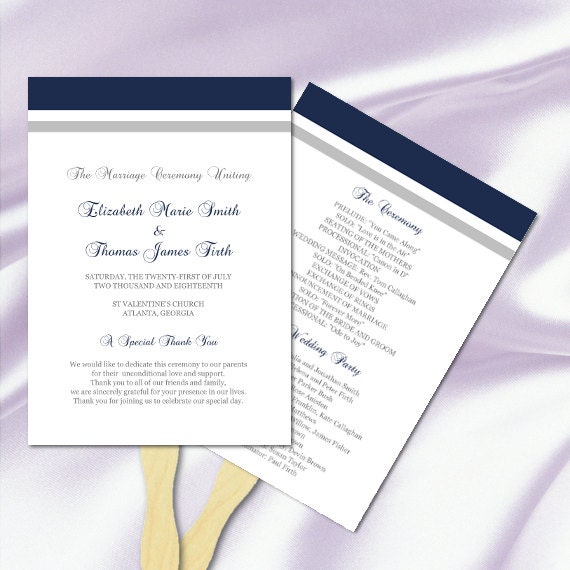 Wedding Program Fan Template Navy Silver Gray Striped Simple