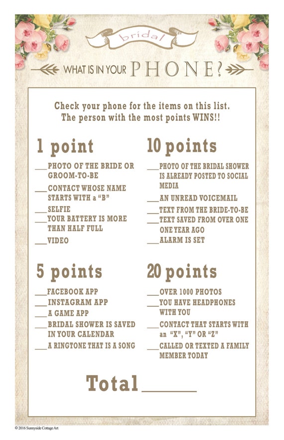 What's in your Phone bridal shower game in by SunnysideCottageArt