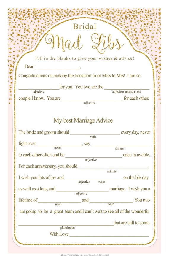 BRIDAL MAD LIBS game with sparkling gold by SunnysideCottageArt