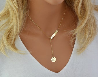 Engraved Monogram Necklace, Lariat Necklace Gold, Monogram Necklace Y, Personalized Necklace, Gold Lariat Necklace Bar