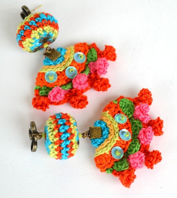 quirky mexican earrings pom pom earrings orange turquoise