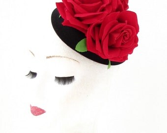 Black Red Rose Flower Pillbox Hat Fascinator Races Rockabilly 1950s Vtg Hair 517